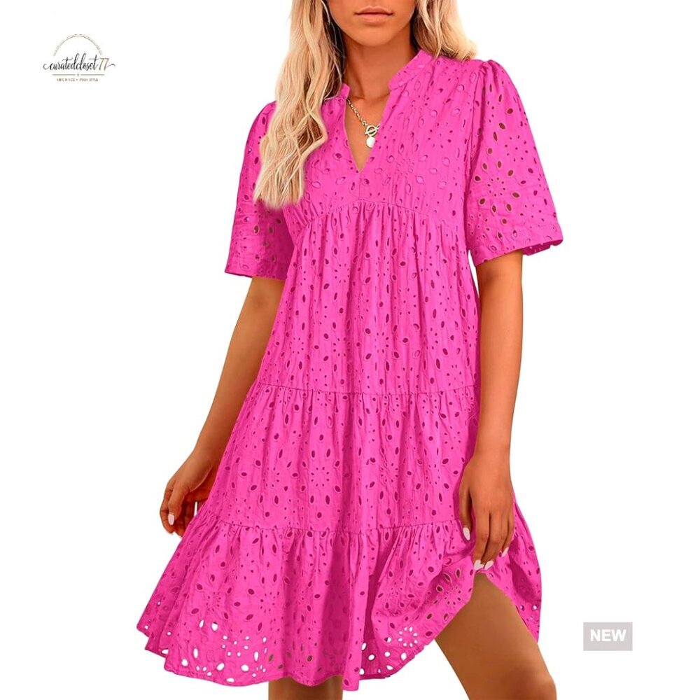 V-Neck Short Sleeve Hollow Out Lace Mini Dress, A-Line Boho Summer Casual